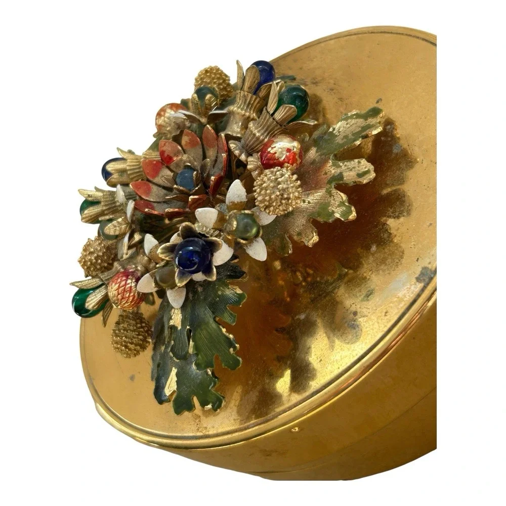 Vintage Gorham Gilt trinket box YC1141 enamel floral lid blue‎ velvet lined USA